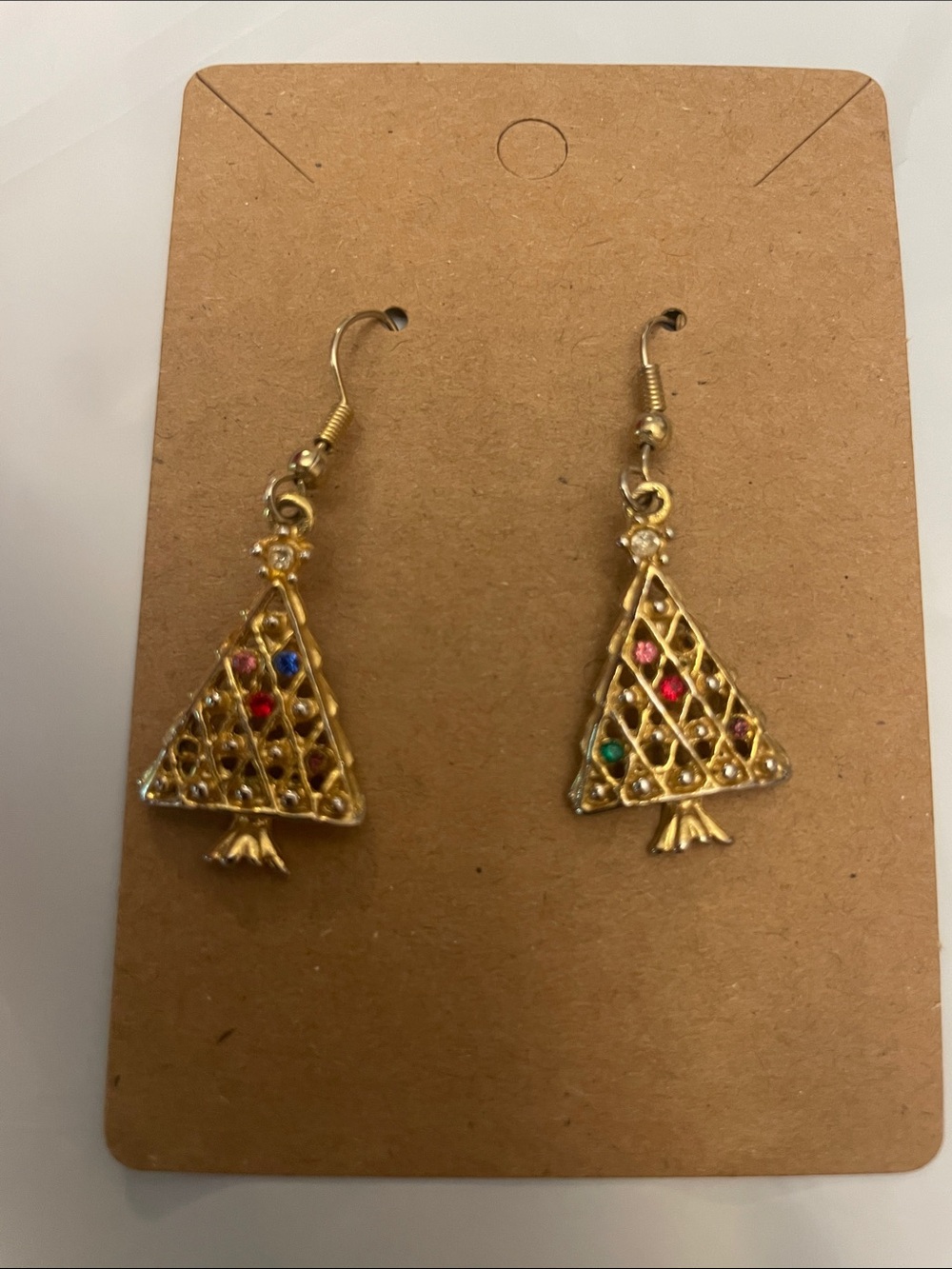 Gold-Tone Christmas Tree Drop Earrings with Multicolor Accents